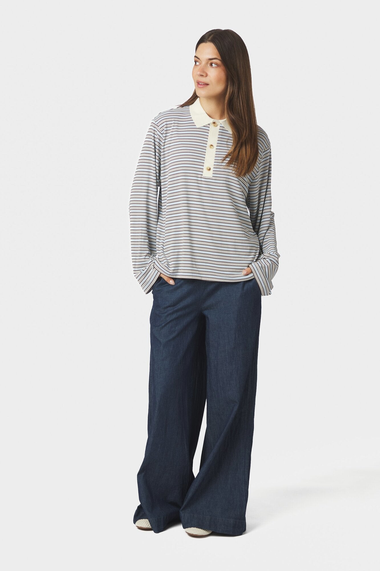 Lirenne Striped langærmet polotrøje - Light Blue